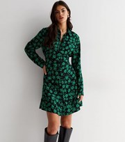 New Look Green Floral Print Long Sleeve Mini Shirt Dress